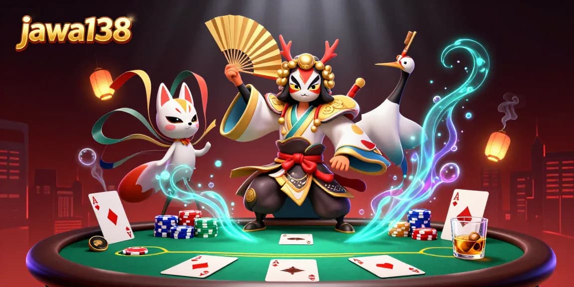Permainan menarik di jawa138, memperlihatkan suasana kasino dengan crane kabuki, tumpukan chip, dan efek lampion