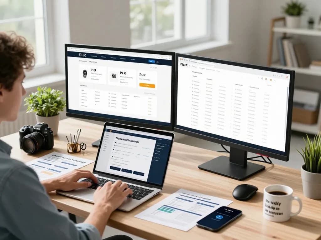 PLR Digital Products for Sale showcased in a vibrant e-commerce workspace with monitors, marketing materials, and bright morning light.