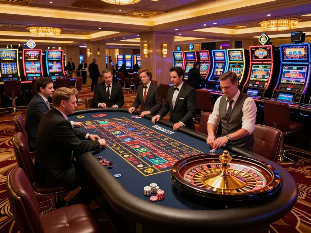Thabet gamblers place bets at an elegant roulette table in a luxurious casino setting.