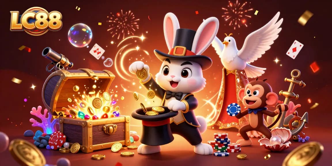 LC88 provides a magical casino experience with a 3D magician pulling coins while surrounded by animated game elements.