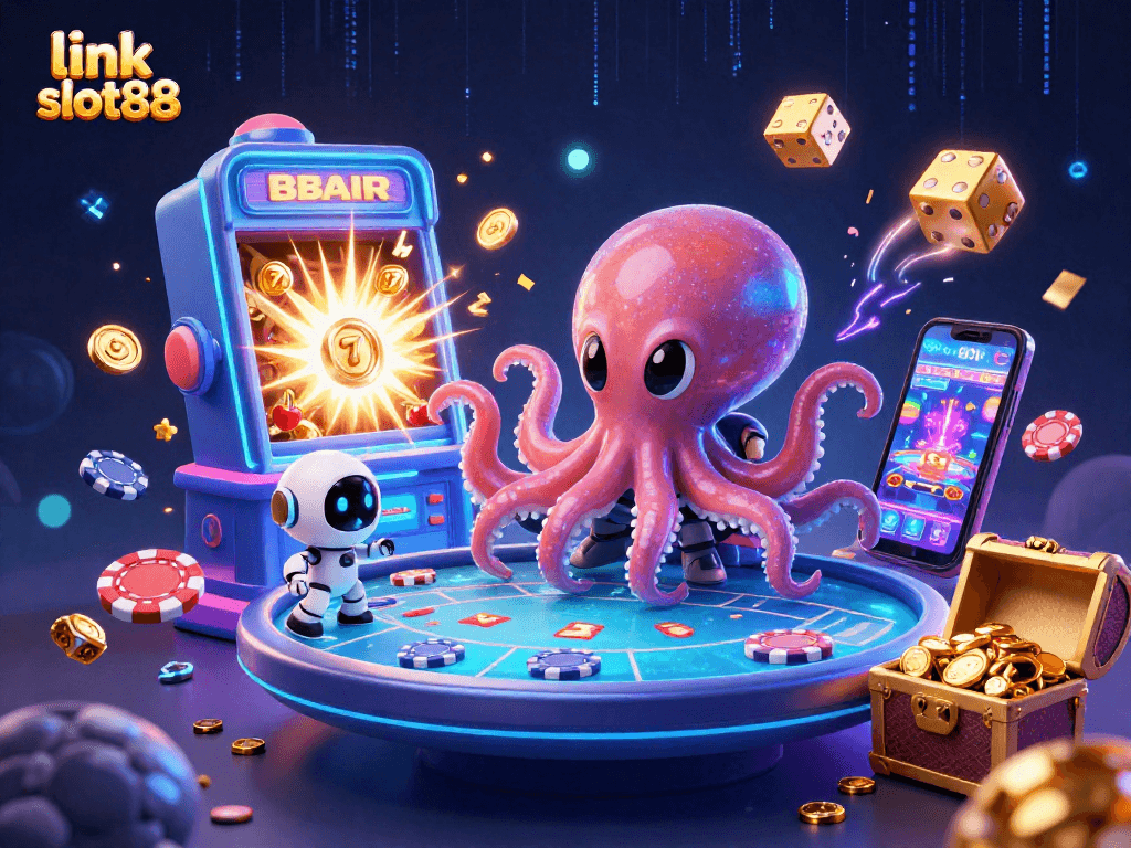 Spin the reels at link slot88 with this vibrant 3D illustration of an alien octopus and robotic companion at a holographic poker table.