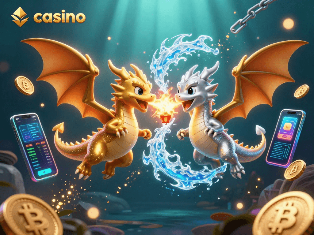 Engage with exciting casino action featuring dragons and crypto elements in a vibrant digital landscape.