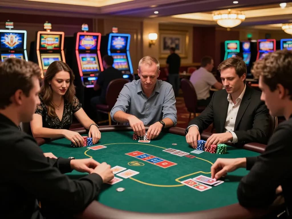 Players engaging at the O8 poker table, showcasing strategic gameplay in a vibrant casino atmosphere.