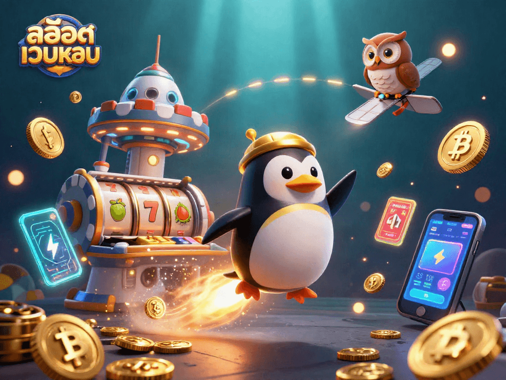 Engage with สล็อตเว็บตรง featuring a golden penguin heading to a dynamic casino space, surrounded by slot reels and crypto coins.