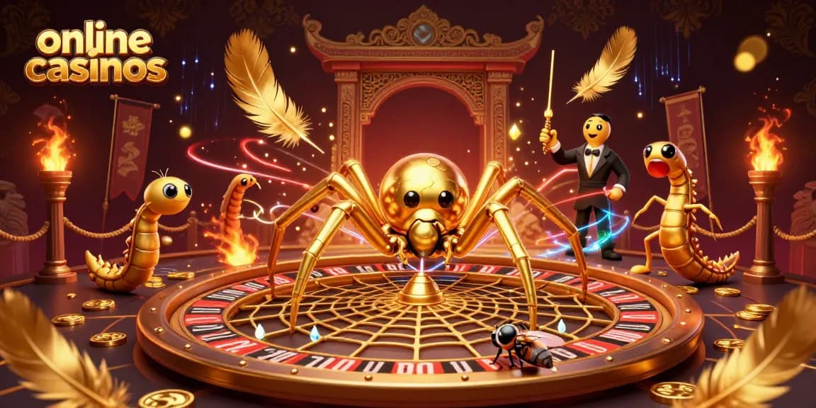 Experience thrilling online casinos with a golden spider dealer spinning a roulette web.