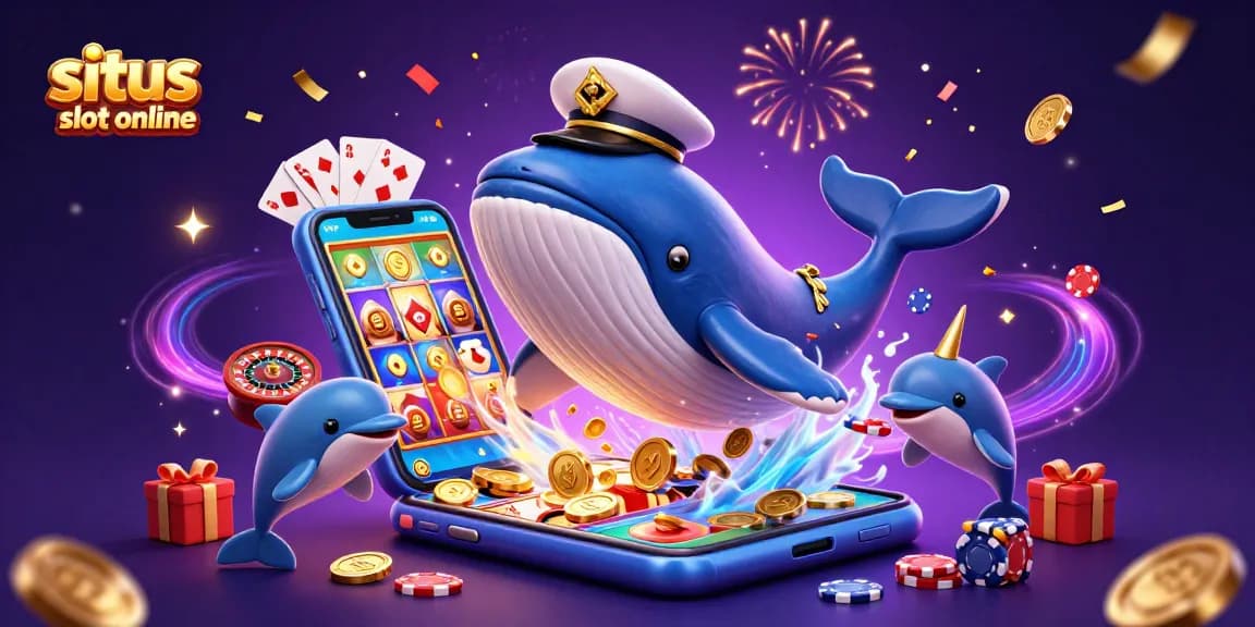 Menang besar dengan situs slot online saat lumba-lumba bermain dengan chip poker di sebuah adegan kasino digital yang berwarna-warni.