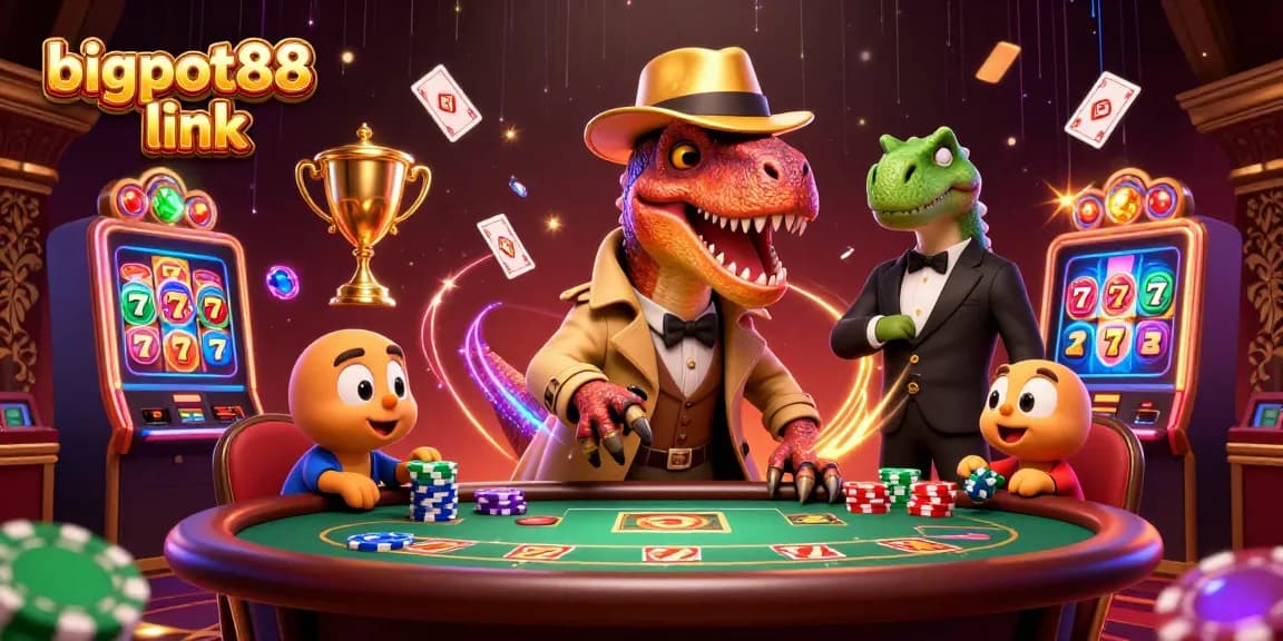 Experience intense gaming with bigpot88 link in a vibrant casino illustration featuring playful dinosaurs.