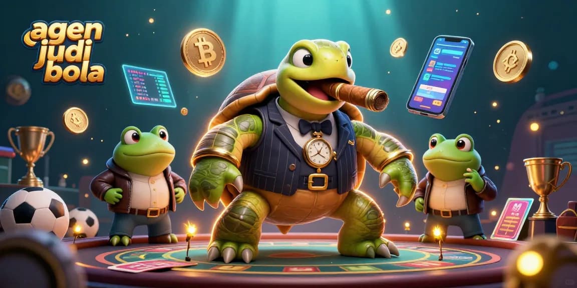 Bet on agen judi bola with a 3D snapping turtle and bullfrogs amid dynamic sports-themed casino elements.