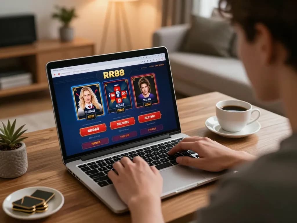 Player engaging with RR88 online casino interface at home, showcasing strategic gameplay and comfort.