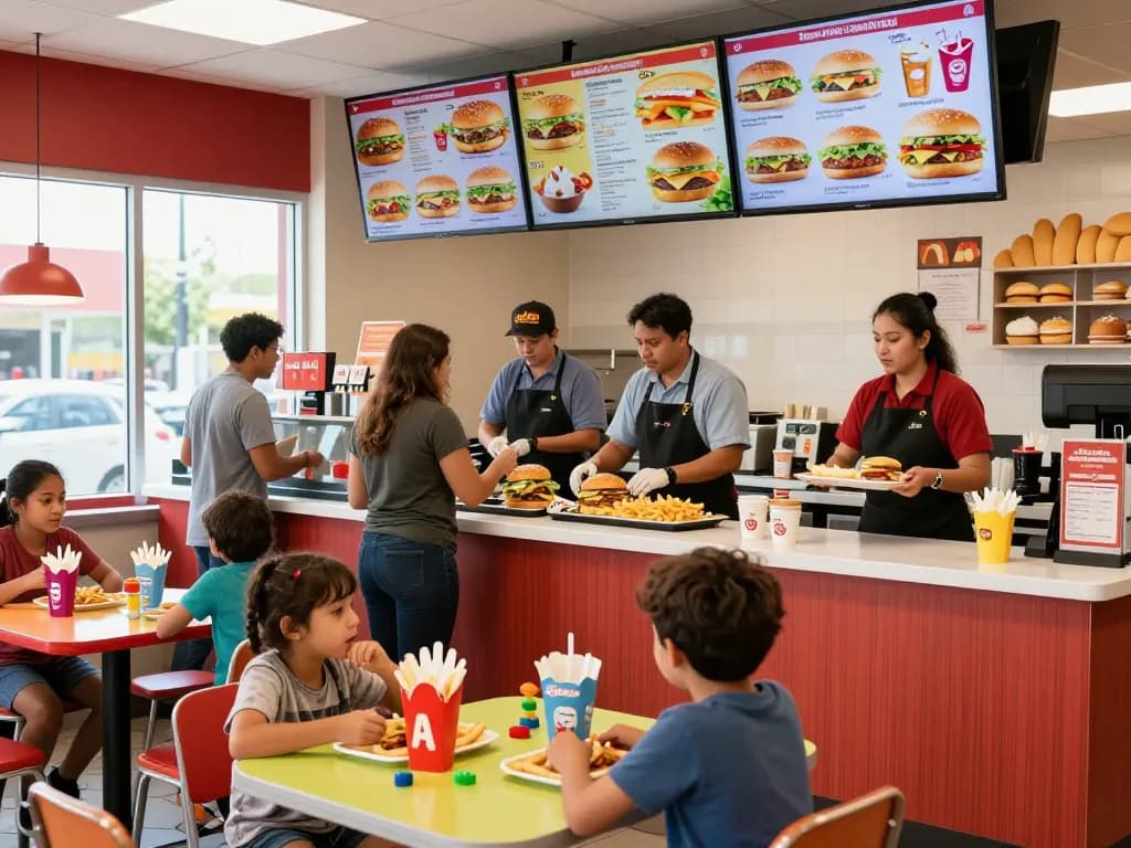 Colorful fast food menu displayed in a lively restaurant atmosphere with families enjoying meals together.