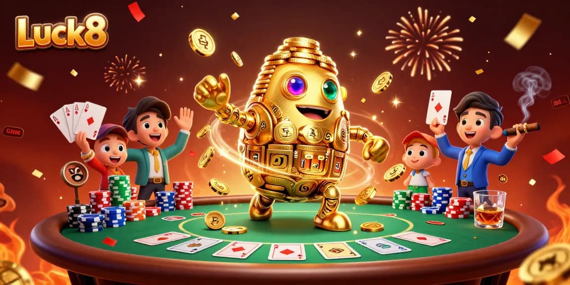 Play with Luck8's vibrant casino games showcasing a golden golem and poker elements.