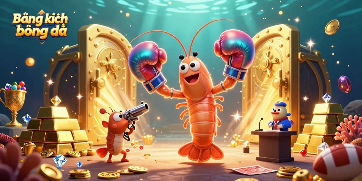 Bảng xếp hạng bóng đá illustrated with a vibrant 3D scene featuring dynamic characters and gold casino elements.