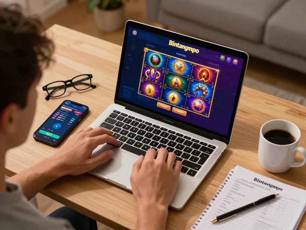 Sesi permainan Bintangmpo online dengan pemain yang terlibat dalam permainan slot di laptop.