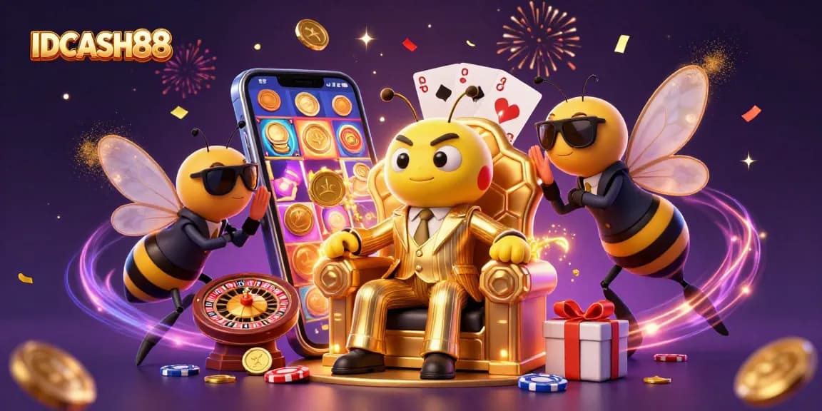 Experience rapid gameplay and big wins with IDCASH88 in a vibrant casino-themed illustration.
