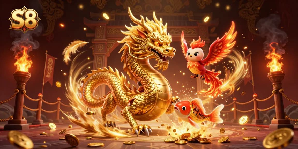 Experience thrilling gameplay with S8's dynamic casino scene featuring a golden dragon and koi fish.
