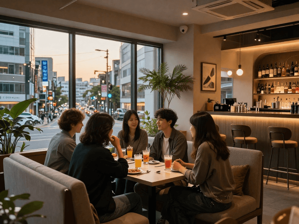 강남 멀리건의 아늑하고 현대적인 분위기 속에서 친구들이 함께 즐거운 시간을 보내고 있는 모습