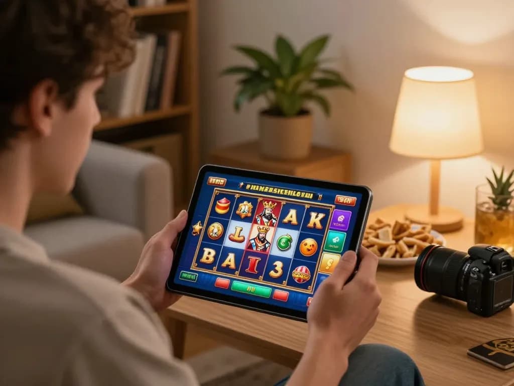 Player enjoying a thrilling king slot online game on tablet, colorful graphics and cozy home atmosphere.
