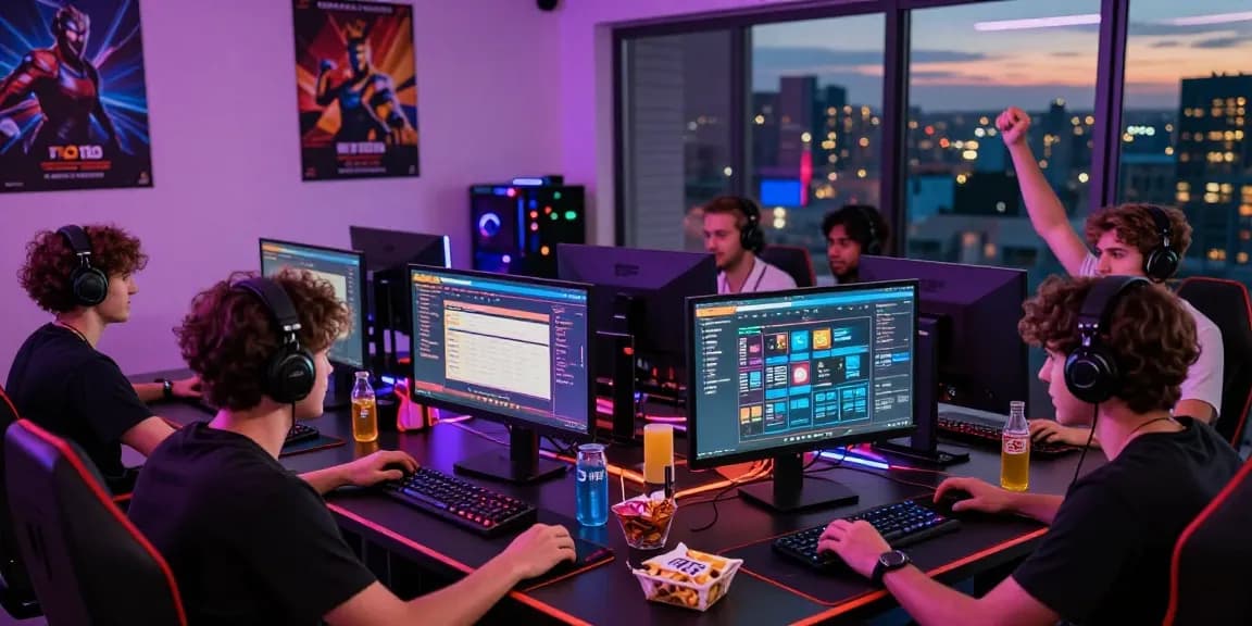 Players enjoying 토토사이트 gaming experience in vibrant setting with multiple screens.
