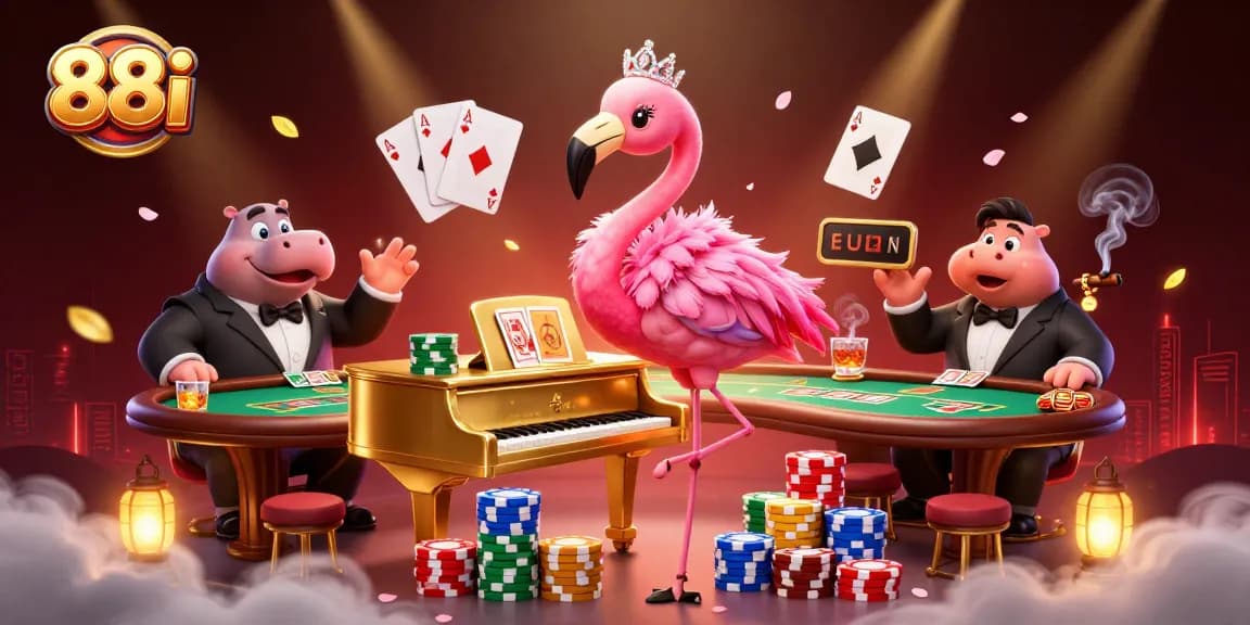 Engage with 88i through vibrant casino-themed illustration featuring colorful poker elements and lively characters.
