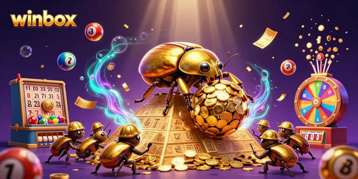 Engage with winbox's exciting games as the golden beetle rolls coins and symbols in a vibrant scene.