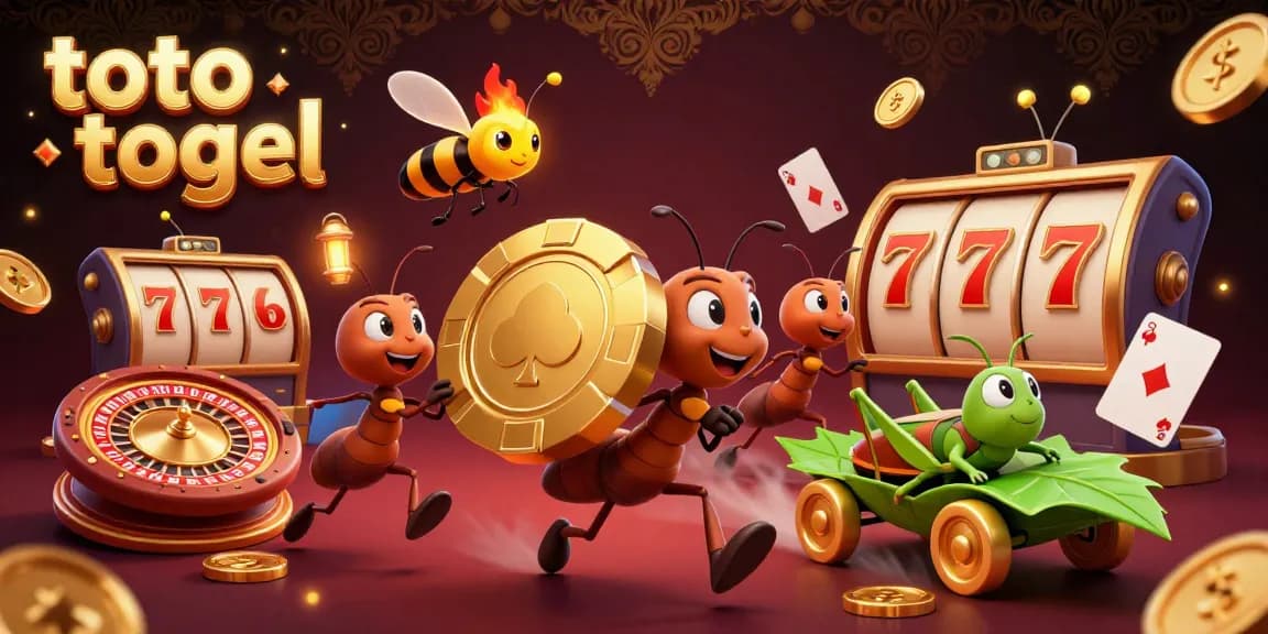 Toto togel players take on a thrilling heist with cartoon ants and a grasshopper in this vibrant illustration.