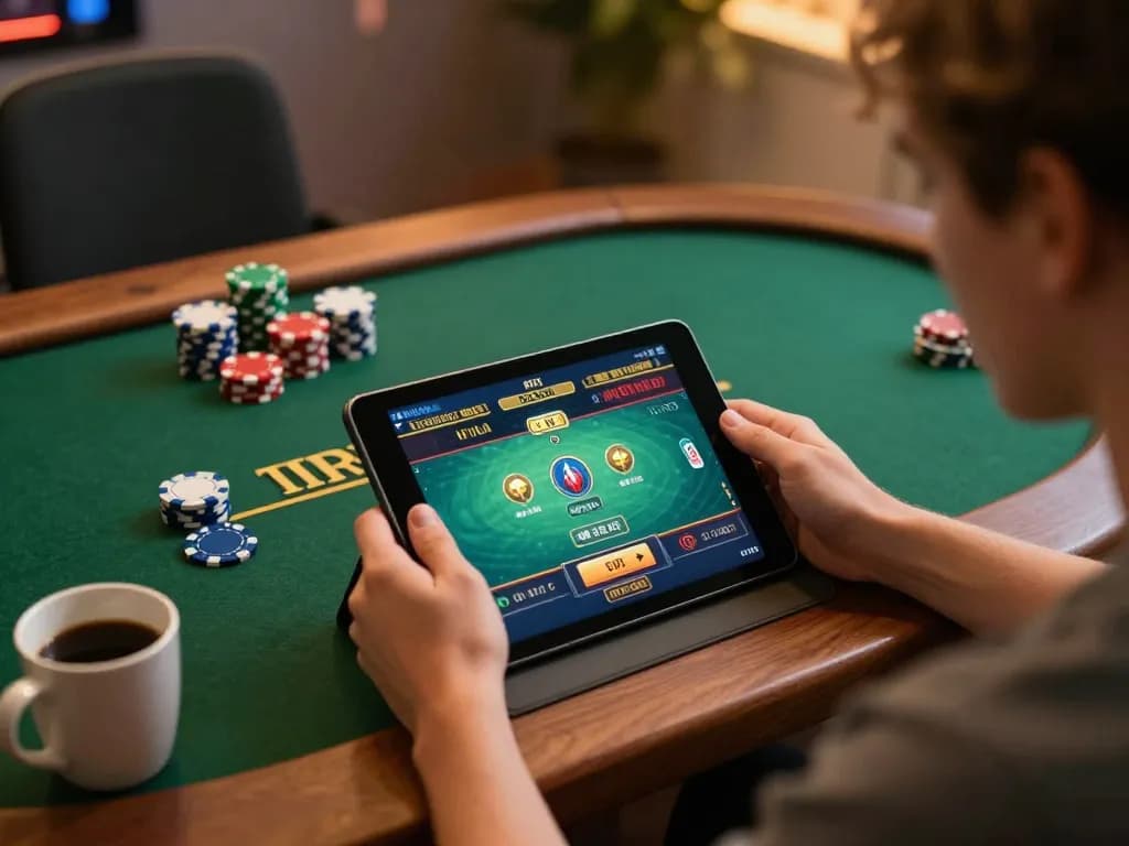 Engaged player using luck8biz app to participate in live dealer game on tablet, warm lighting creating a cozy atmosphere.