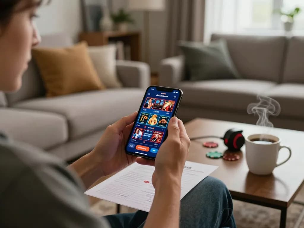 Player using abc8go app on smartphone for online gambling in cozy living room setting.