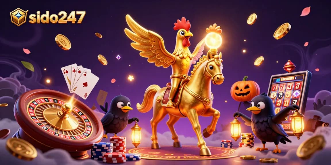 Experience thrilling wins with sido247 in a vibrant casino scene filled with golden coins and slot reels.