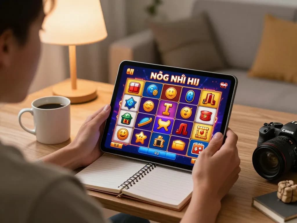 Engaging with the colorful nổ hũ game on a tablet at home, showcasing the thrill of online gambling.