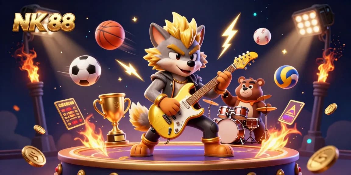 Engage with NK 88 in a vibrant casino scene featuring lively characters and dynamic sports elements.