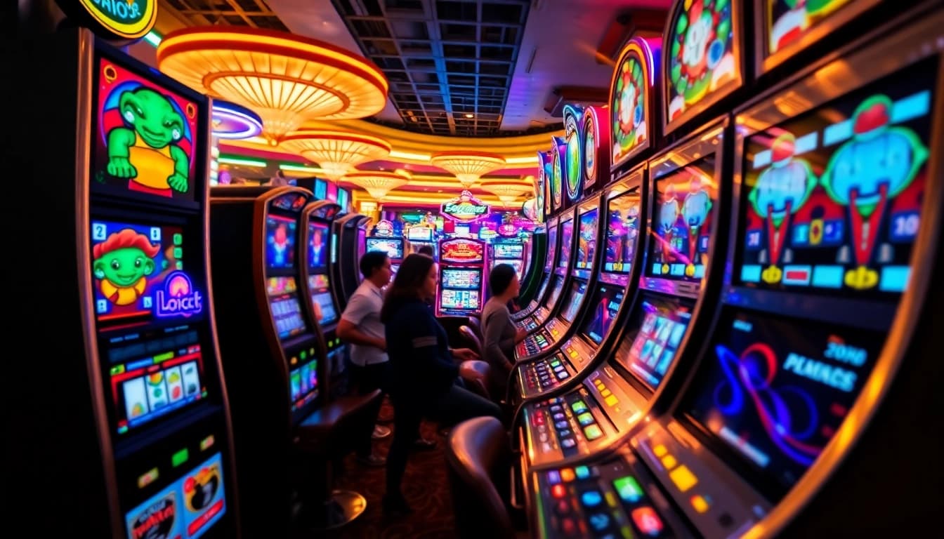 Menang di slot gacor dengan suasana kasino yang hidup dan mesin slot berwarna cerah.