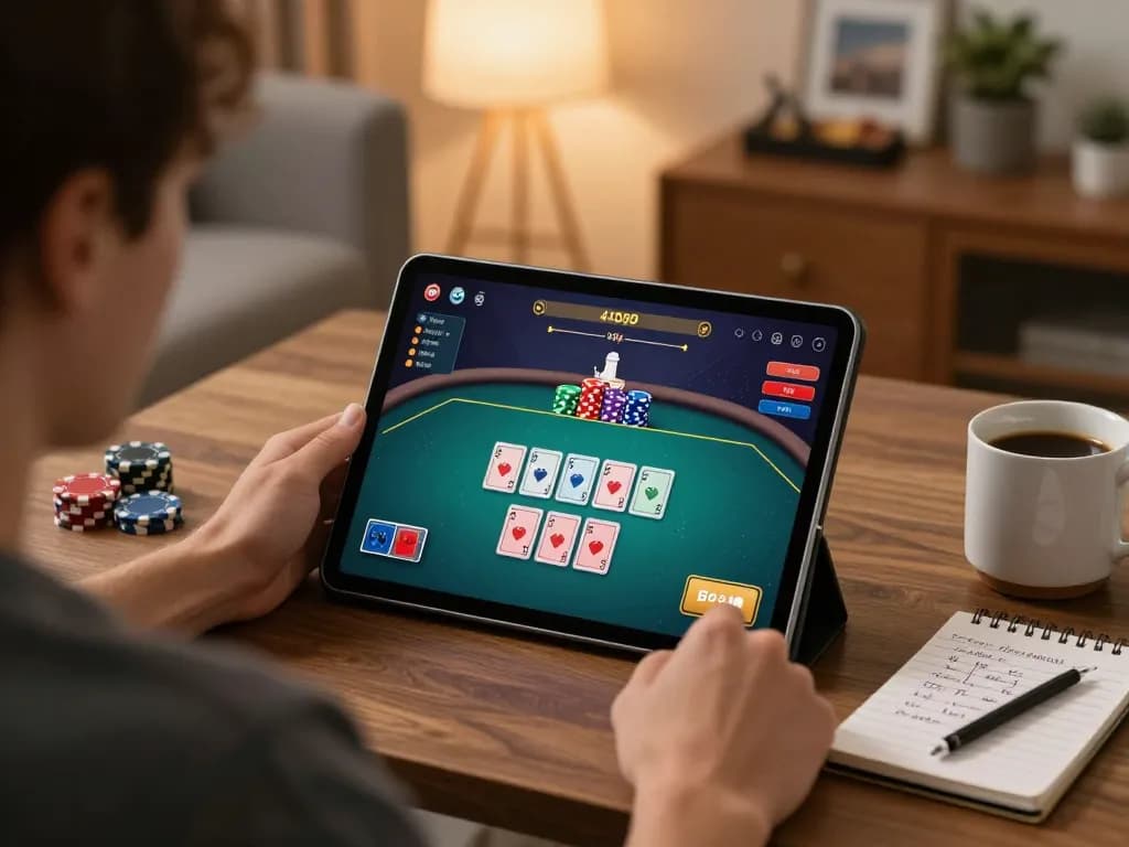 Engaging in online poker on a tablet while seated comfortably, link lc88 enhancing the gaming experience.