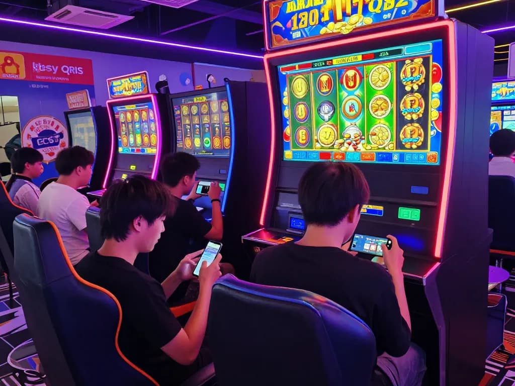 Exciting online gaming scene with players using slot qris for quick deposits, vibrant lighting, and thrilling gameplay.