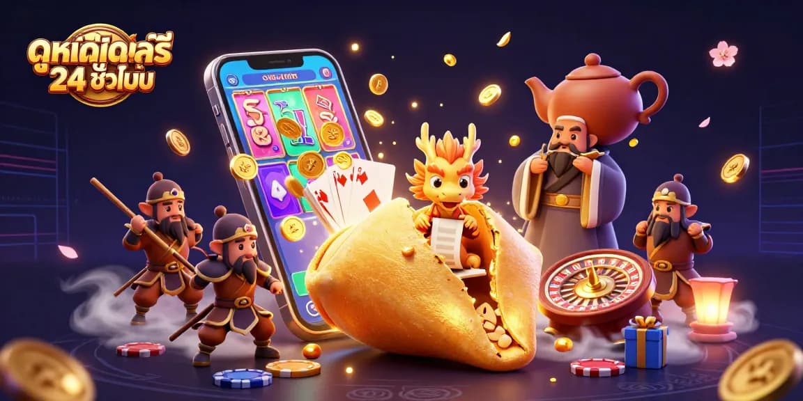 Experience ดูหนังออนไลน์ฟรี 24 ชั่วโมง with immersive casino-themed illustration showcasing vibrant gaming elements.