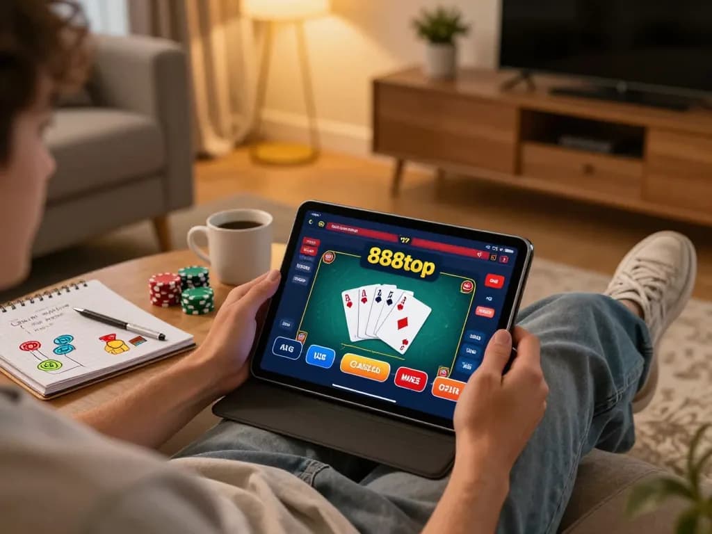 Engaging in online poker gameplay with 888top on a tablet at home.