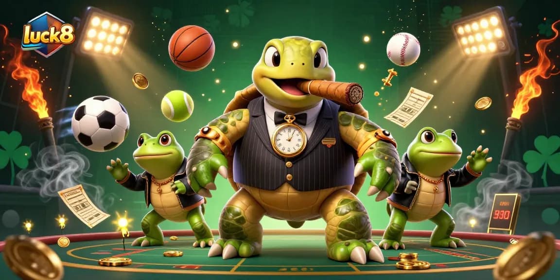 Engage with the immersive luck8 casino experience featuring a mobster turtle and bullfrogs amidst dynamic sports betting elements.