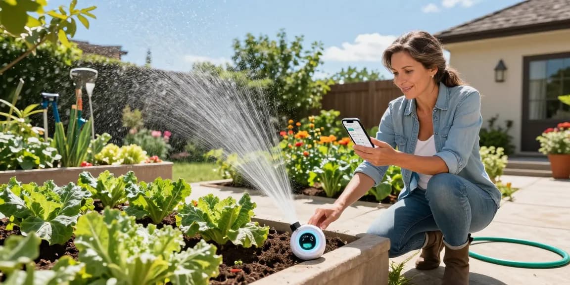 Gardener using rainpoint wifi water timer and smartphone in vibrant garden for automated irrigation.