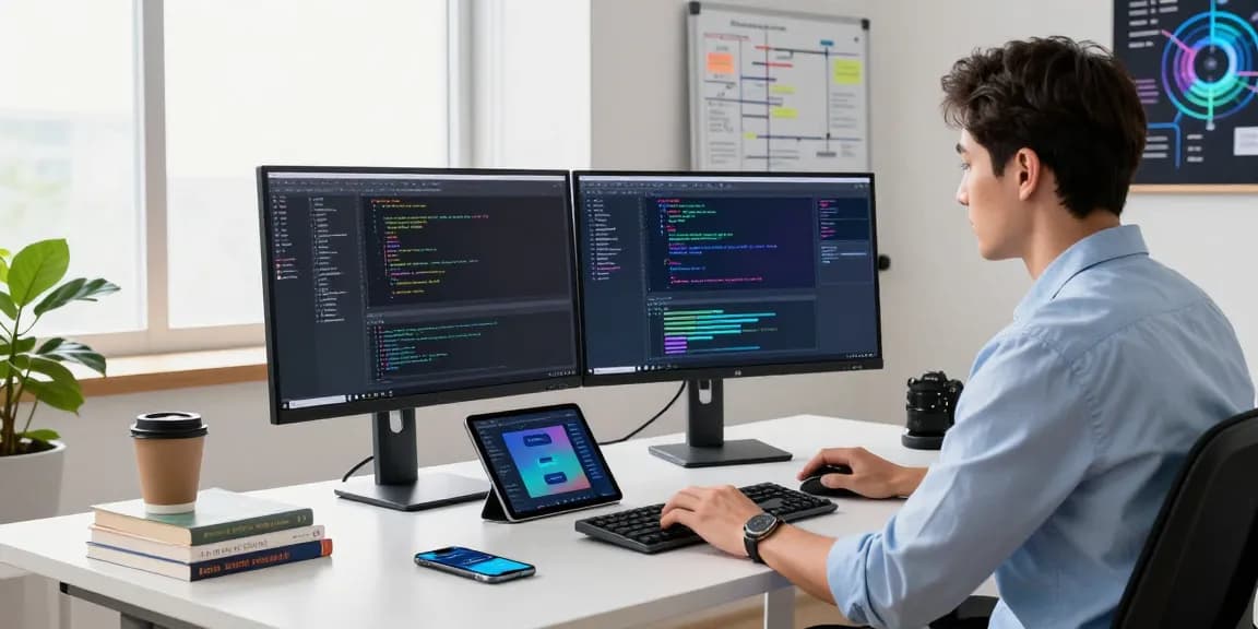 Developer working in a tech workspace showcasing code on dual monitors, representing teiegramin.com's software innovation.