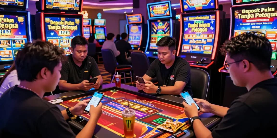 Exciting gaming atmosphere with players using deposit pulsa tanpa potongan at vibrant slot machines.