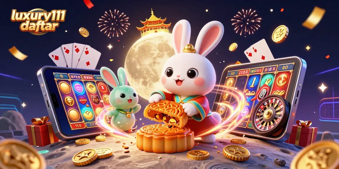 Experience luxury111 daftar with the moon rabbit revealing poker chips, amidst festive gaming elements.