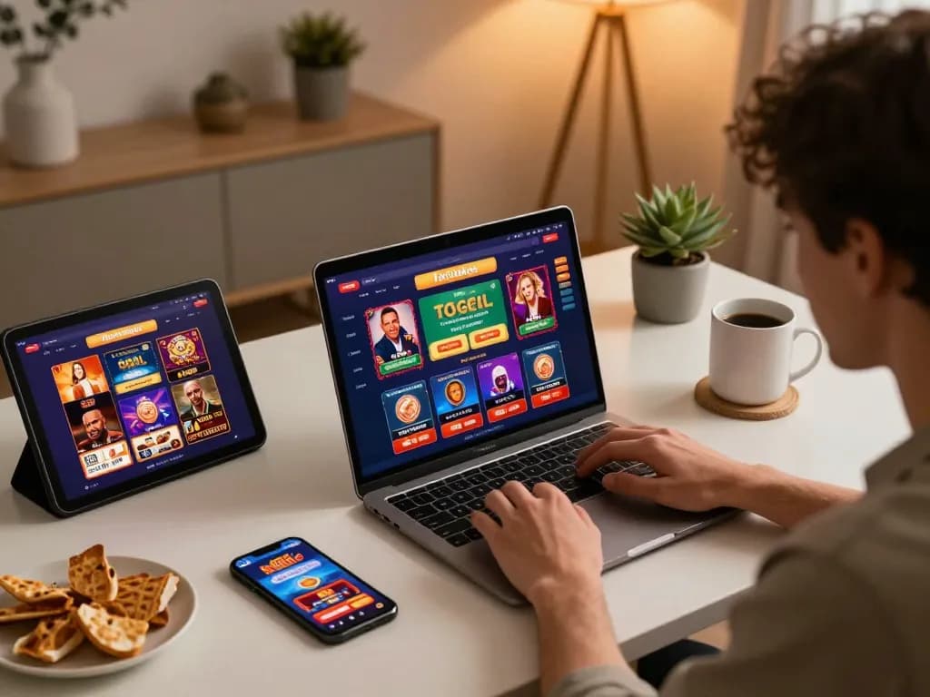 Engaging user playing togel online on a laptop with mobile devices and snacks nearby.