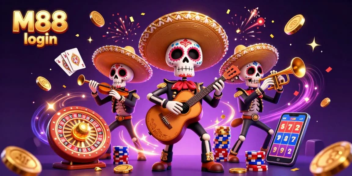 Engage in exciting M88 login casino games with vibrant mariachi characters celebrating with golden coins.