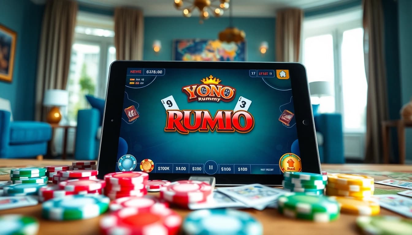 Engaging gameplay of yono rummy on a tablet with colorful cards and chips.