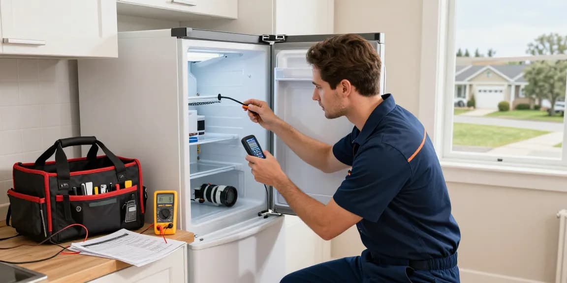 Freezer repair technician checking frost buildup during diagnostic visit in a modern kitchen.