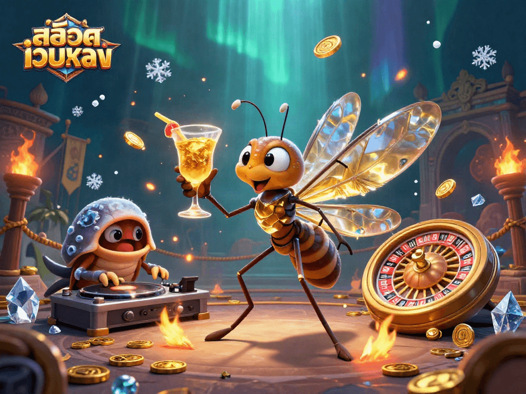 Spin to win with สล็อตเว็บตรง casino mascot surrounded by dynamic gambling elements.