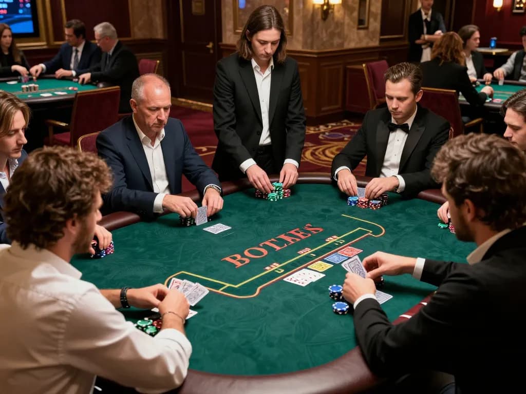O8 players engaged in a strategic poker game with chips and cards on a luxurious casino floor.