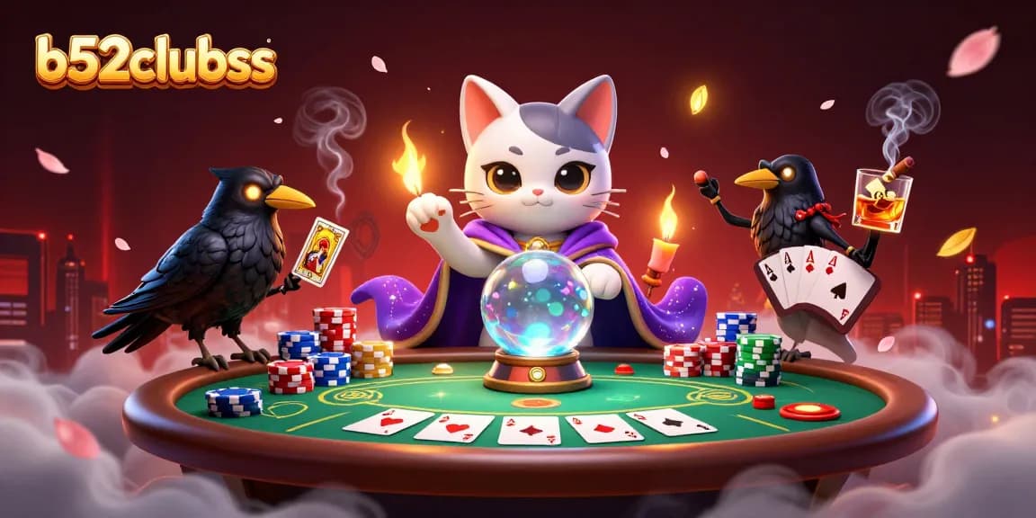 Bets flourish at b52clubss in vibrant casino scene with mystic characters and poker elements.