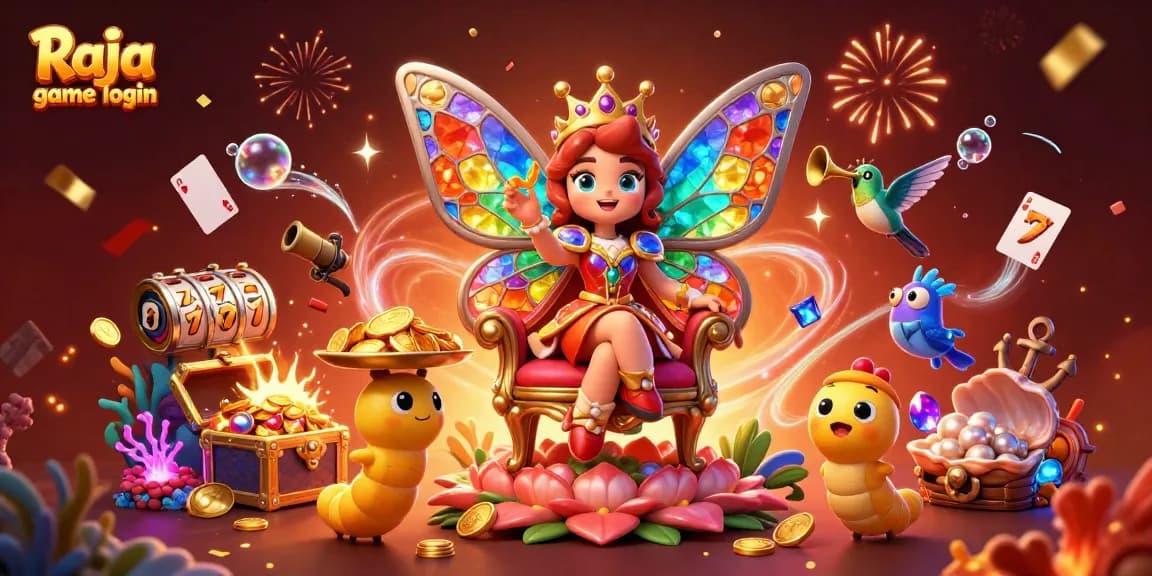 Engage in fun with Raja game login in an exciting 3D casino illustration of vibrant games.