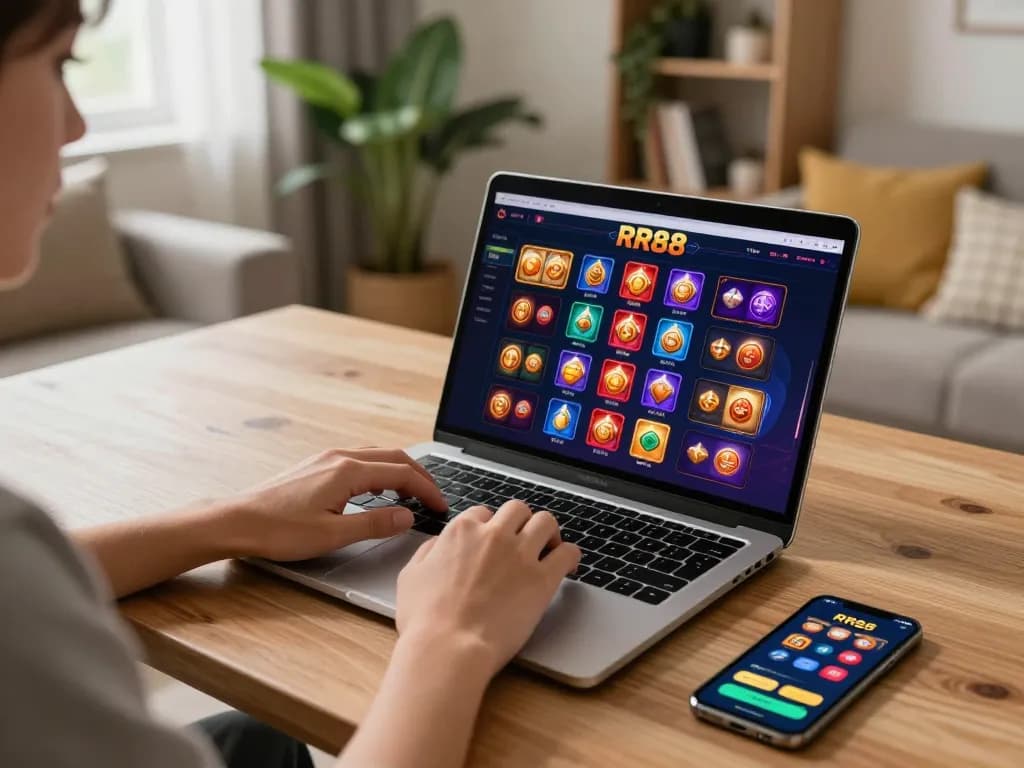 Playing casino games on RR88 mobile app while seated comfortably at home