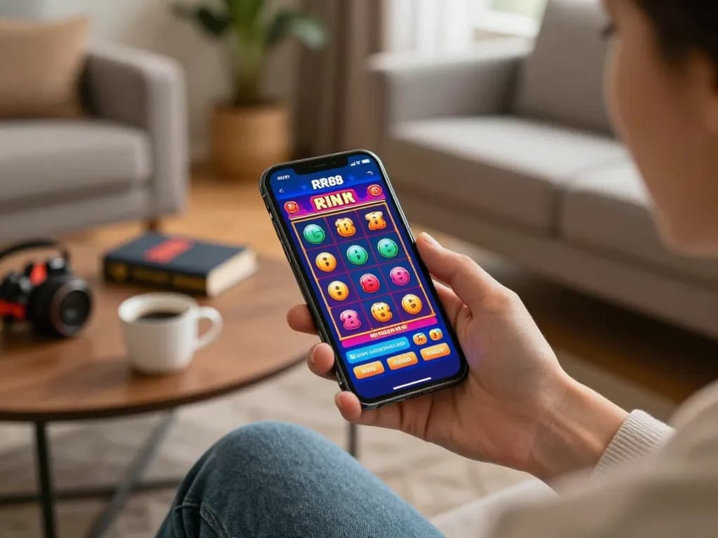 Player enjoying the RR88 mobile app slot game experience in a cozy home setting